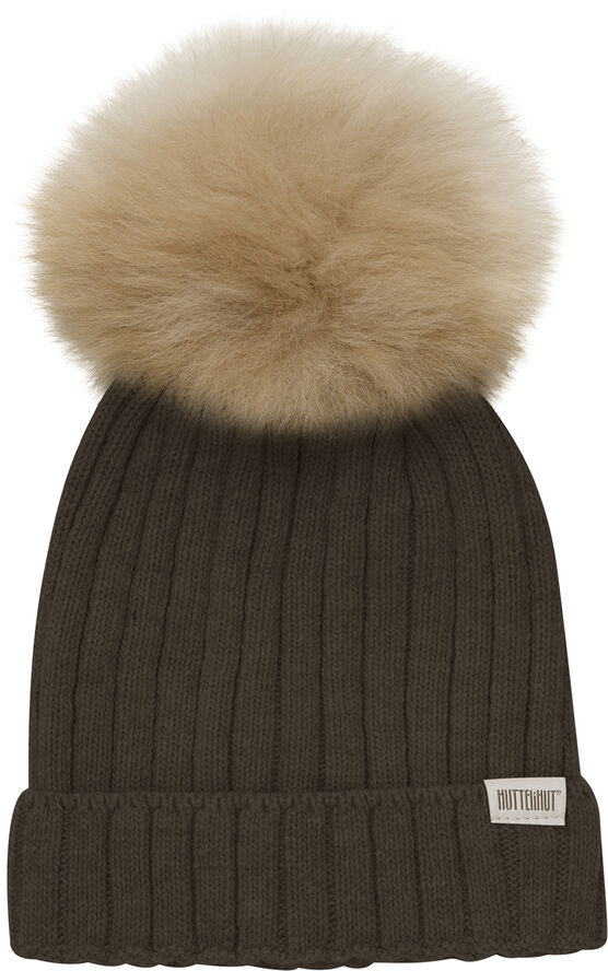 Huttelihut Hat Knit w. Alpaca Pompom Dark brown melange