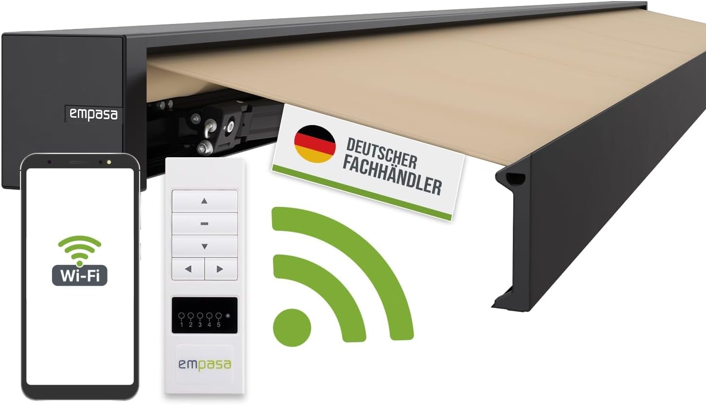 empasa elektrische Vollkassettenmarkise Cube ONE Smart Home kompatibel mit WiFi-Motor Markise Sonnenschutz Kassettenmarkise kubisches Design, Farbe:Sand, Größe:3.5 x 3 m