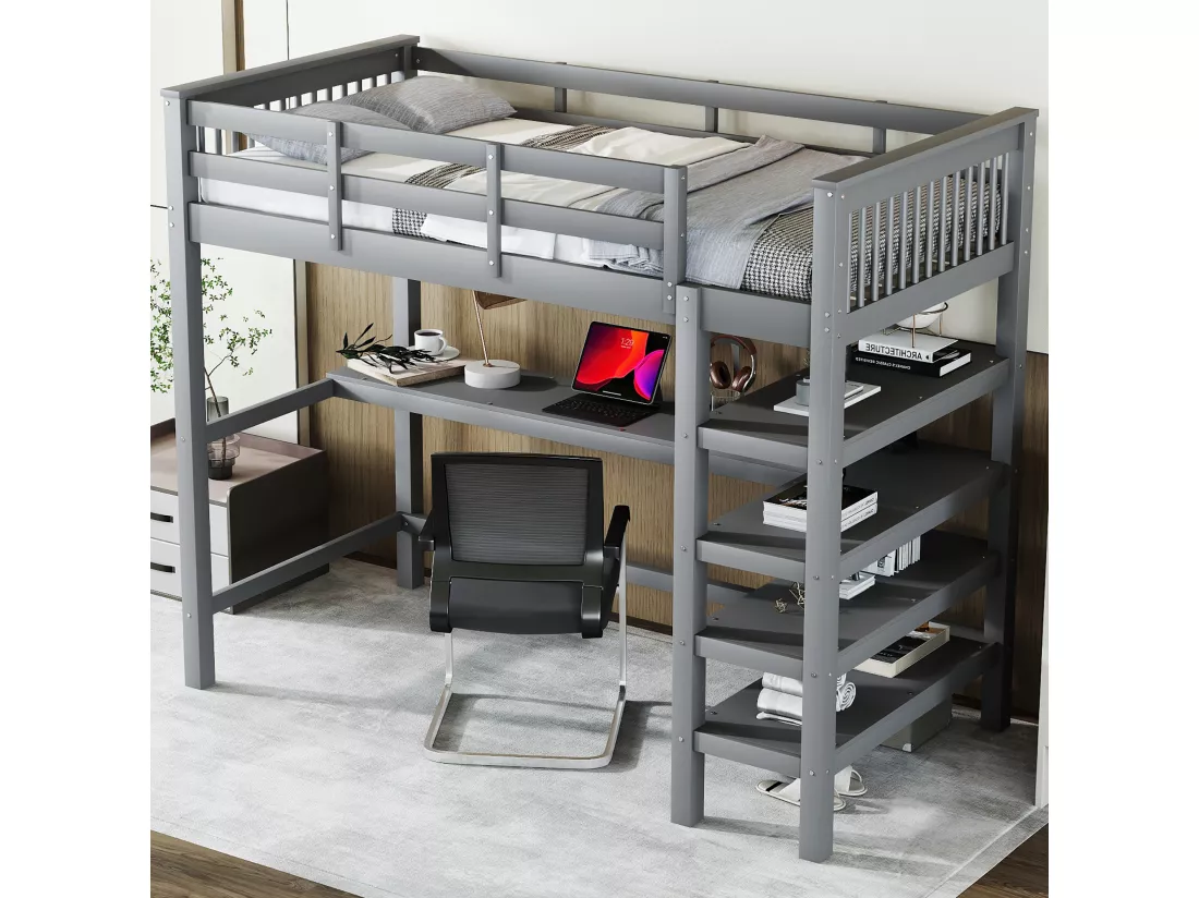 Lit mezzanine 90 x 200 cm avec bureau et étagères de rangement - Bois de pin + MDF - Gris