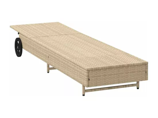 Chaise longue avec roues et coussin beige résine tressée