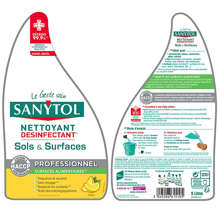 Nettoyant désinfectant sols et surfaces citron Sanytol 5L
