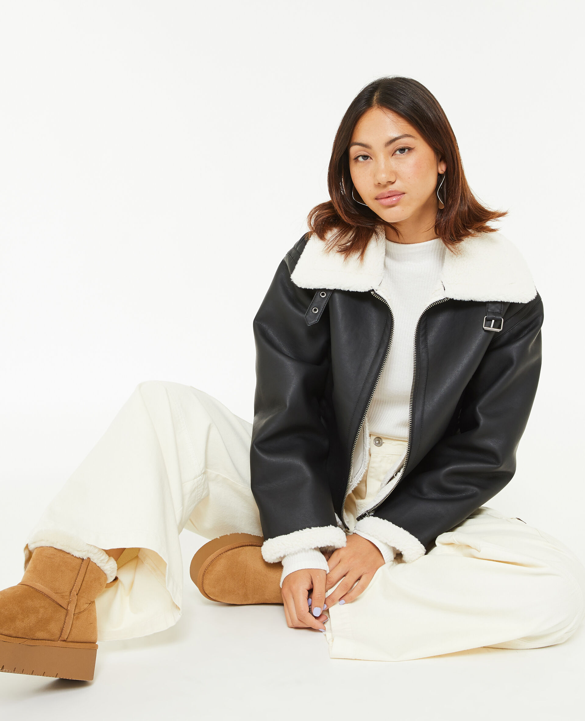 Blouson façon bombardier en simili cuir - Noir