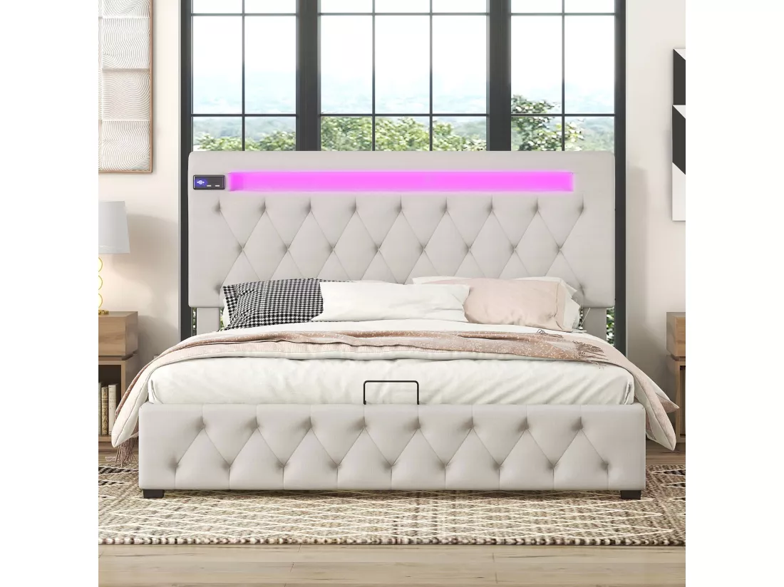 Lit coffre 140x200cm en lin avec Led + ports USB + lecteur bluetooth - sommier à lattes - Beige