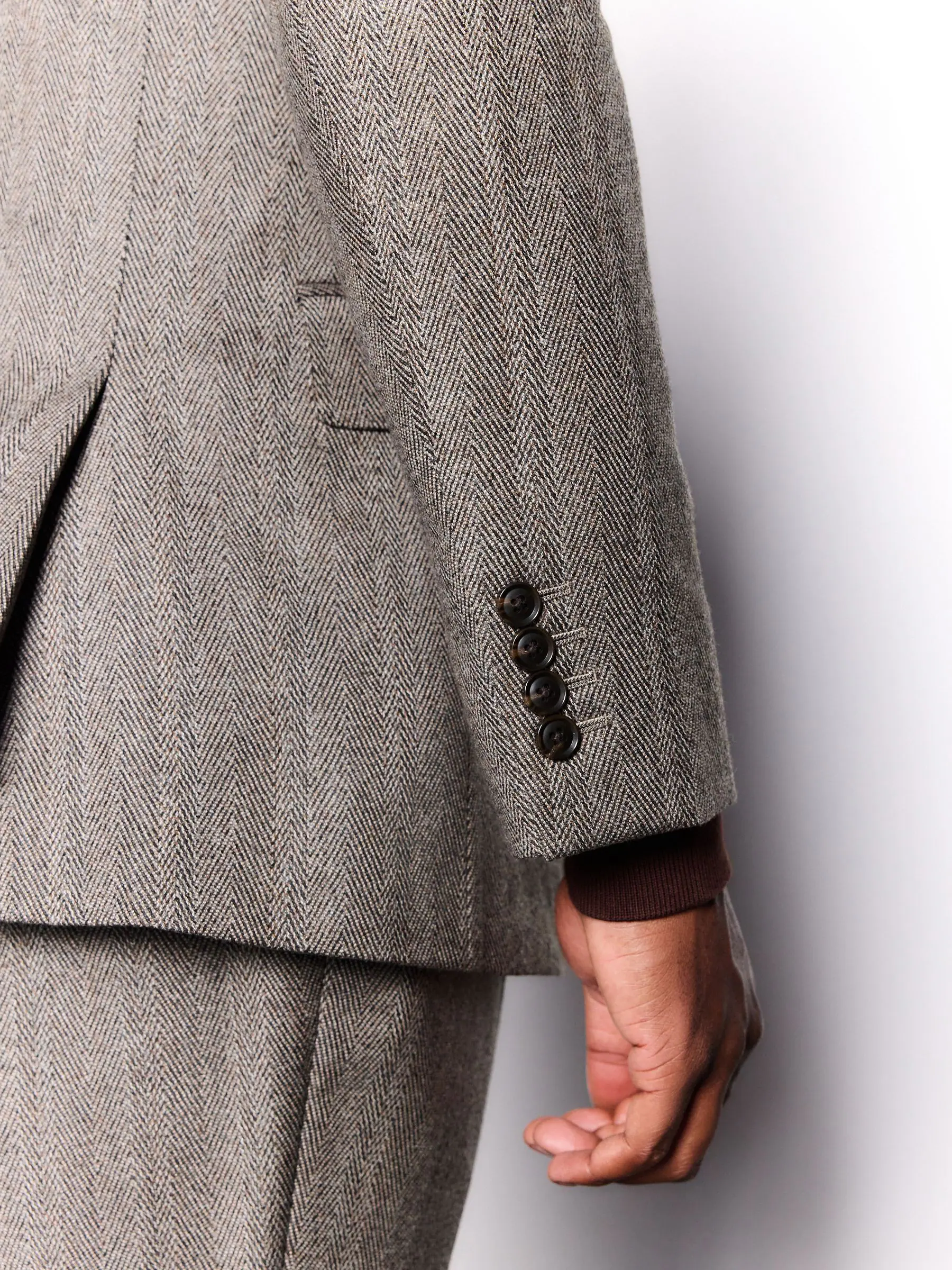 Taupe bruin - Double Breasted Signature Marzotto 100% Italian Wool Herringbone Suit Jacket