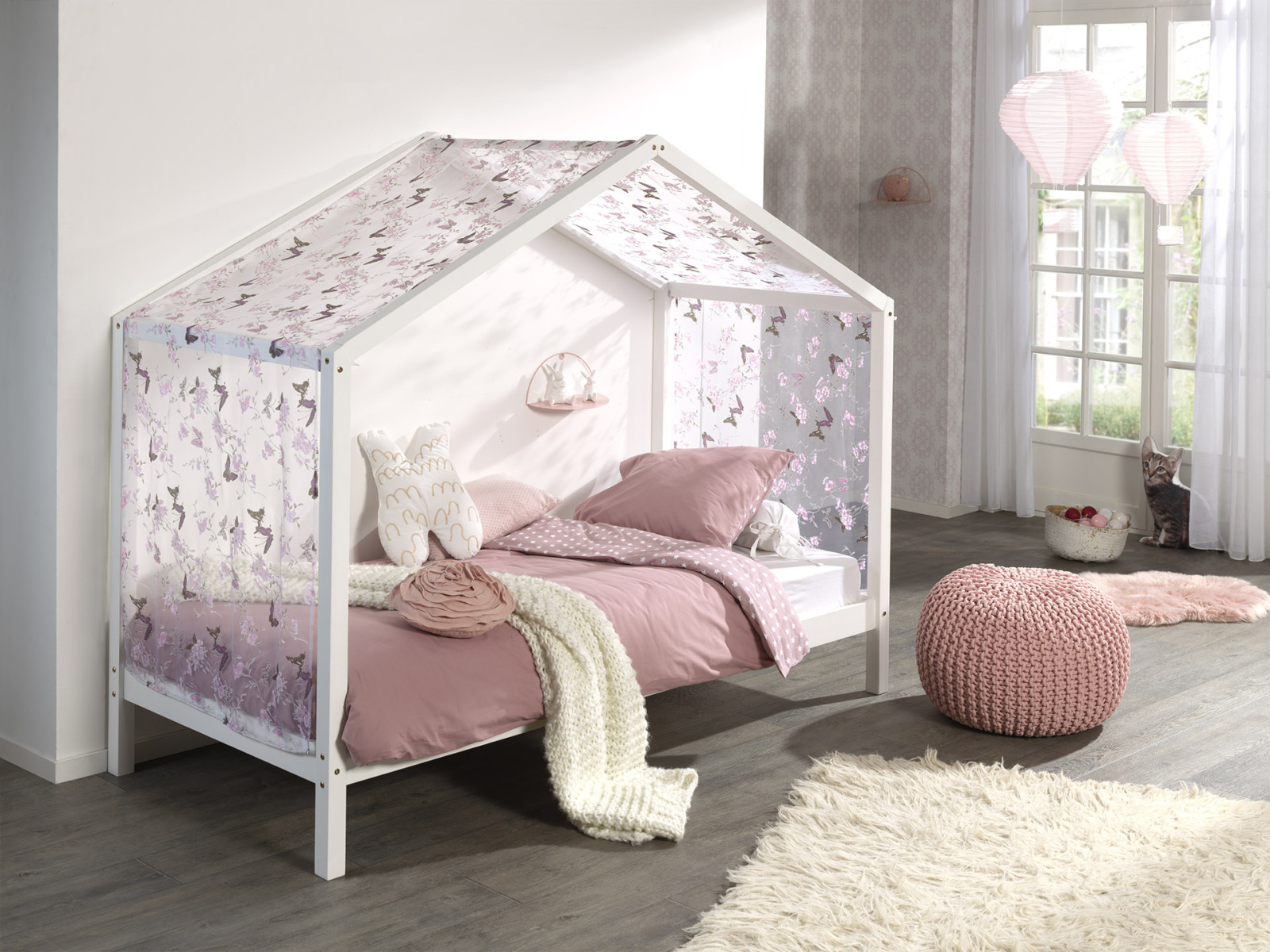 Hausbett DALLAS 3 - weiß - Kiefer massiv - inklusive Himmel