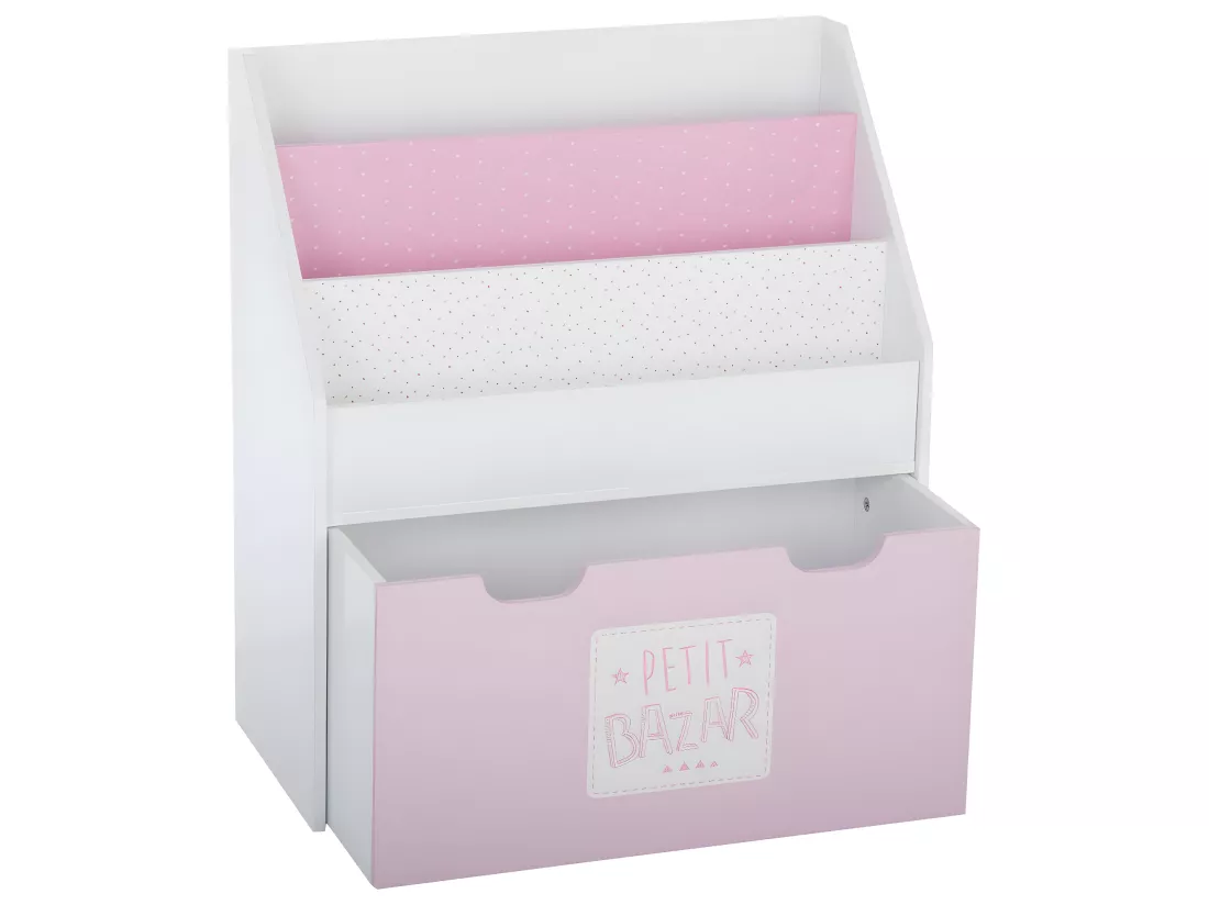 Bibliothèque Enfant blanche & rose avec bac de rangement sur roulette