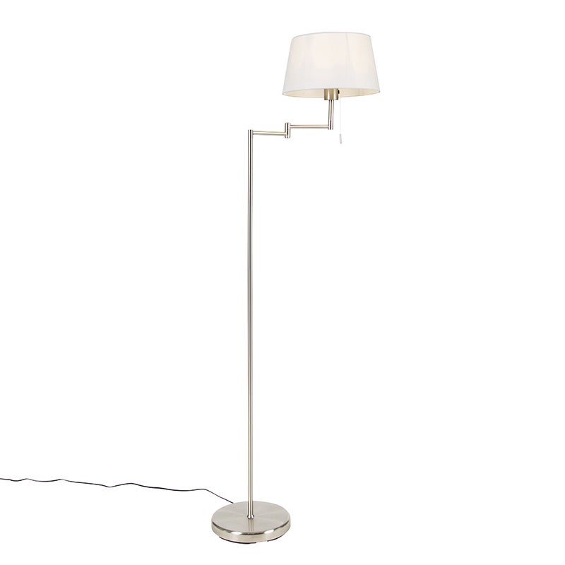 QAZQA - Klassieke I Antieke Klassieke Staande Lamp Staal I Zilver I Mat Nikkel met Witte Kap Verstelbaar - Lampen I Woonkamer I Slaapkamer - Staal Langwerpig - LED Geschikt E27
