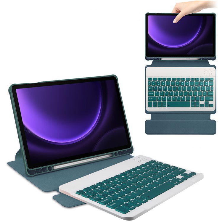 2in1 Samsung Galaxy Tab S10 FE / Tab S9 FE Leder Tasche mit Acryl Rückseite   Magnet Bluetooth Tastatur   S-Pen Halterung (QWERTY) - Dunkelgrün