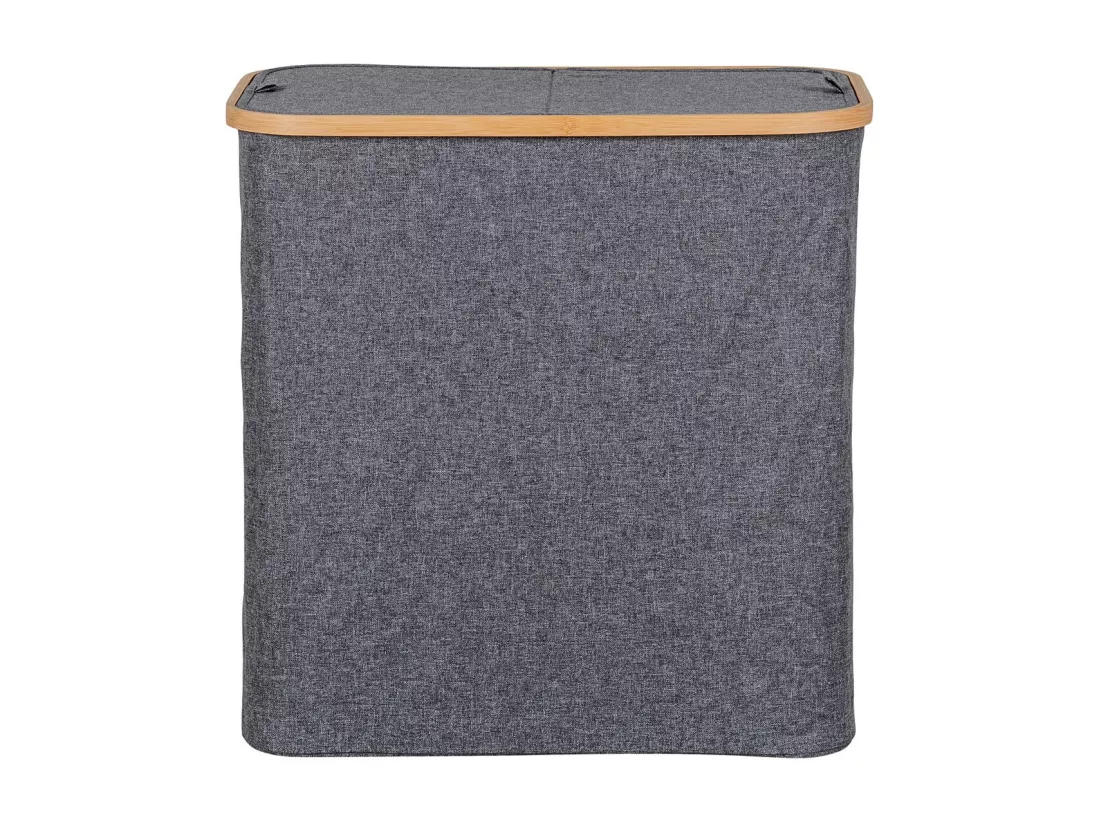 ANDREW - Panière à Linge en Tissu Gris et Bambou Double Abattants