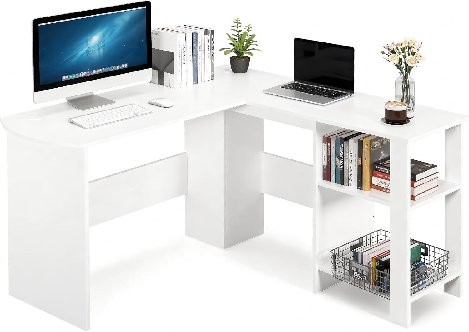 Sweetcrispy L-Form Schreibtisch mit Regal & Schrank, 130x130x74cm Eckschreibtisch, Starker Gaming Tisch mit Ablageflächen, Einfacher Montage, Weiß