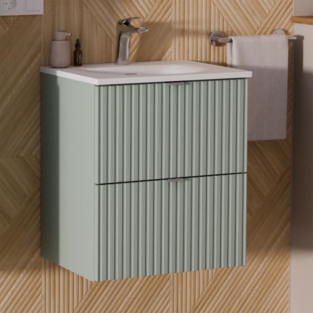 Lomadox Waschtisch 50cm, grün, gerillte Front, hängende Montage, geringe Tiefe 40cm