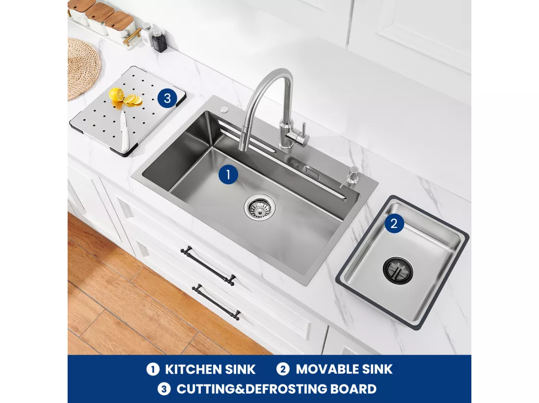 Évier 1 Bac 70×45×21.5CM Évier Inox Argent avec Egouttoir,Vasque, Distributeur de Savon + Mitigeur de Cuisine Rabattable Brossé