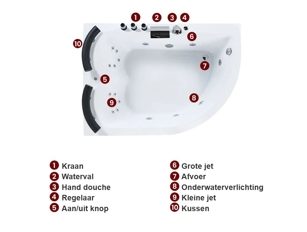 Hoek bubbelbad met LED PARADISO rechtszijdig 158 x 113 cm Wit
