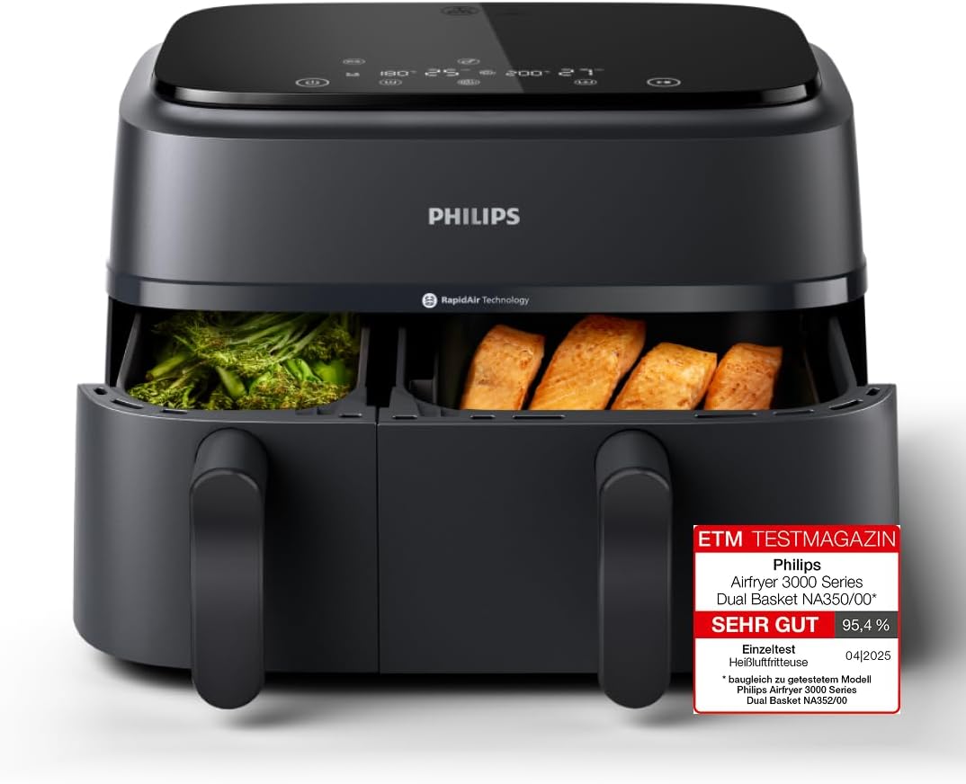 Airfryer Dual Basket 3000 Series Heißluftfritteuse, 9L, 2 Körbe, 2 Gerichte gleichzeitig, RapidAir Plus Technologie, 90% weniger Fett, Energieeffizient, HomeID App (NA350/00)