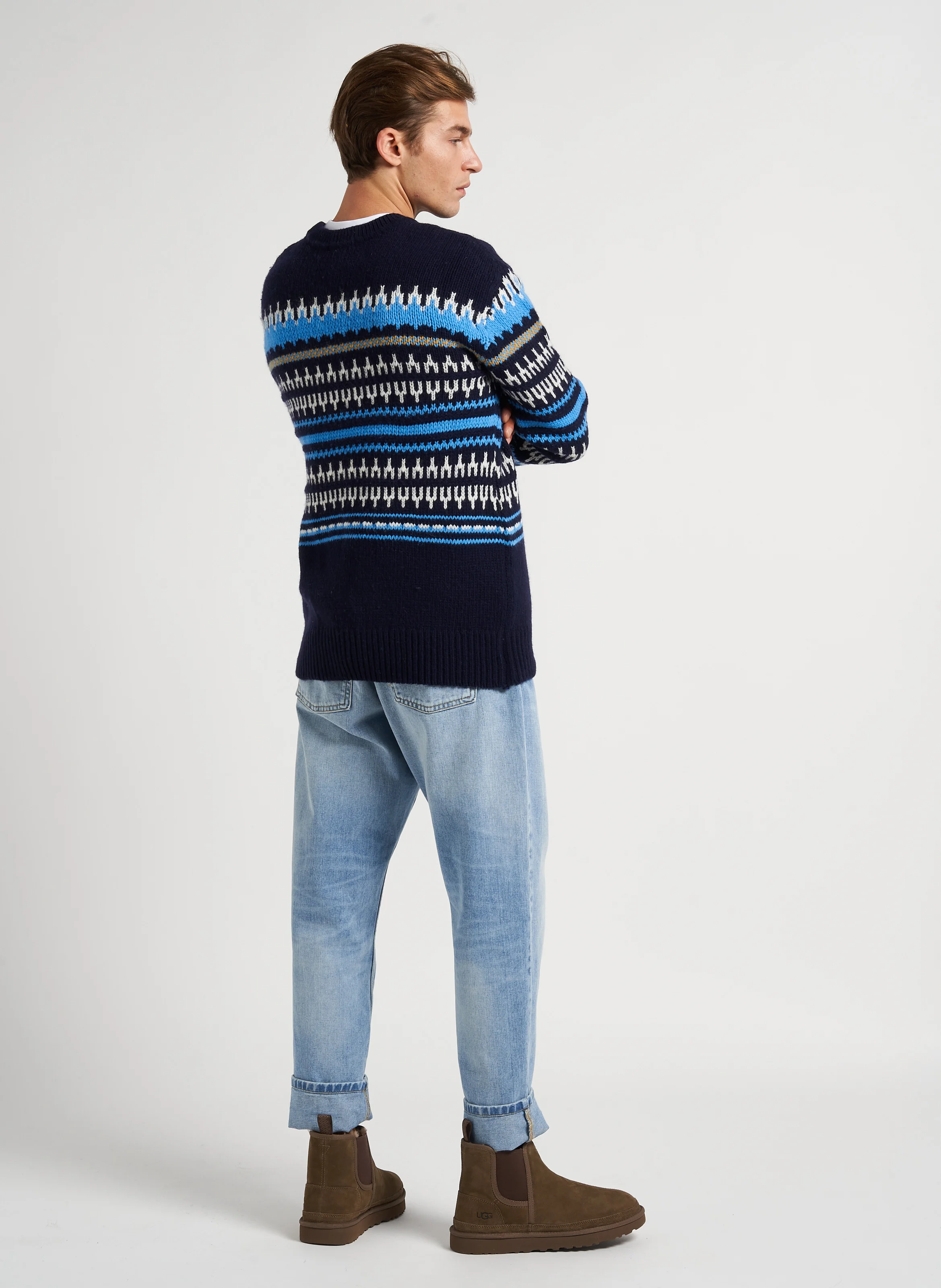 Pull col rond imprimé en laine| Bleu
