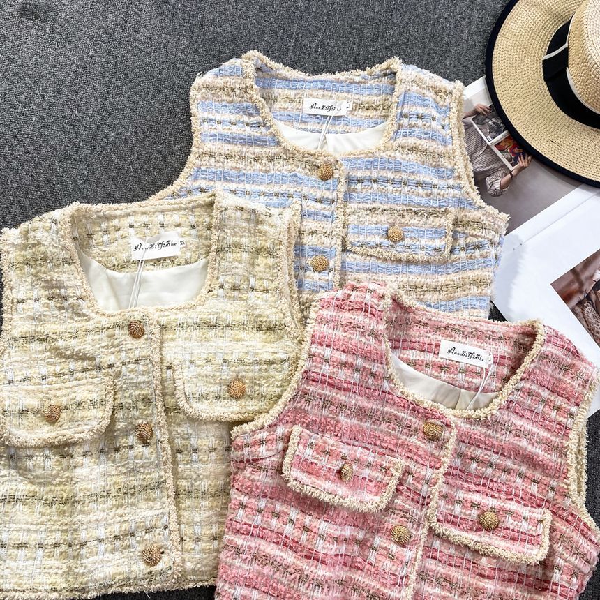 Yearnin - Tweed vest met vierkante hals en kwastjes