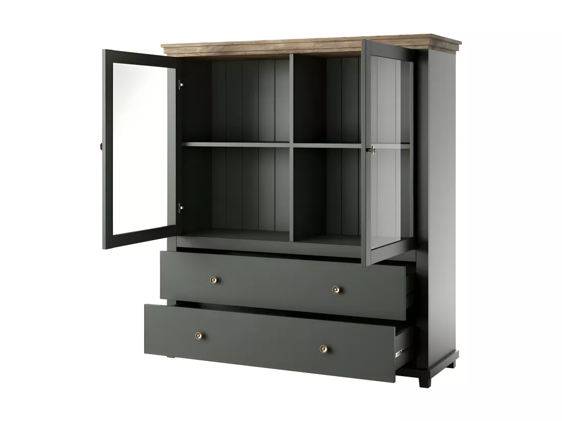 Vaisselier avec LED intégrées collection ASSIA. Coloris vert et chêne. 2 Portes et 2 Tiroirs