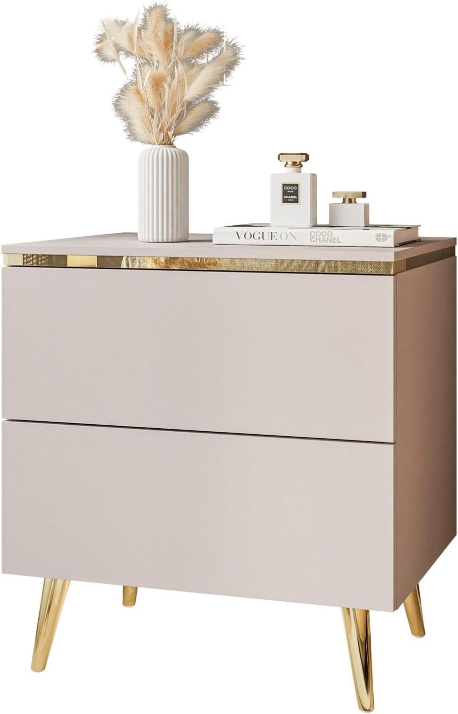 Lookway Nachttisch Aurora II Kaschmir Matt mit LED Beleuchtung Hängend oder auf Goldenen Beinen Gold Dekorative Leiste Modernes Schlafzimmermöbel (mit schräge goldene Chrom-Beine)