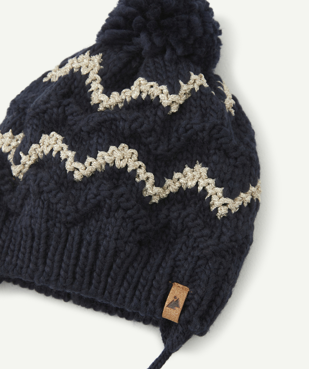 BONNET EN TRICOT MARINE ET FILS COULEUR DORÉE BÉBÉ FILLE EN FIBRES RECYCLÉES
