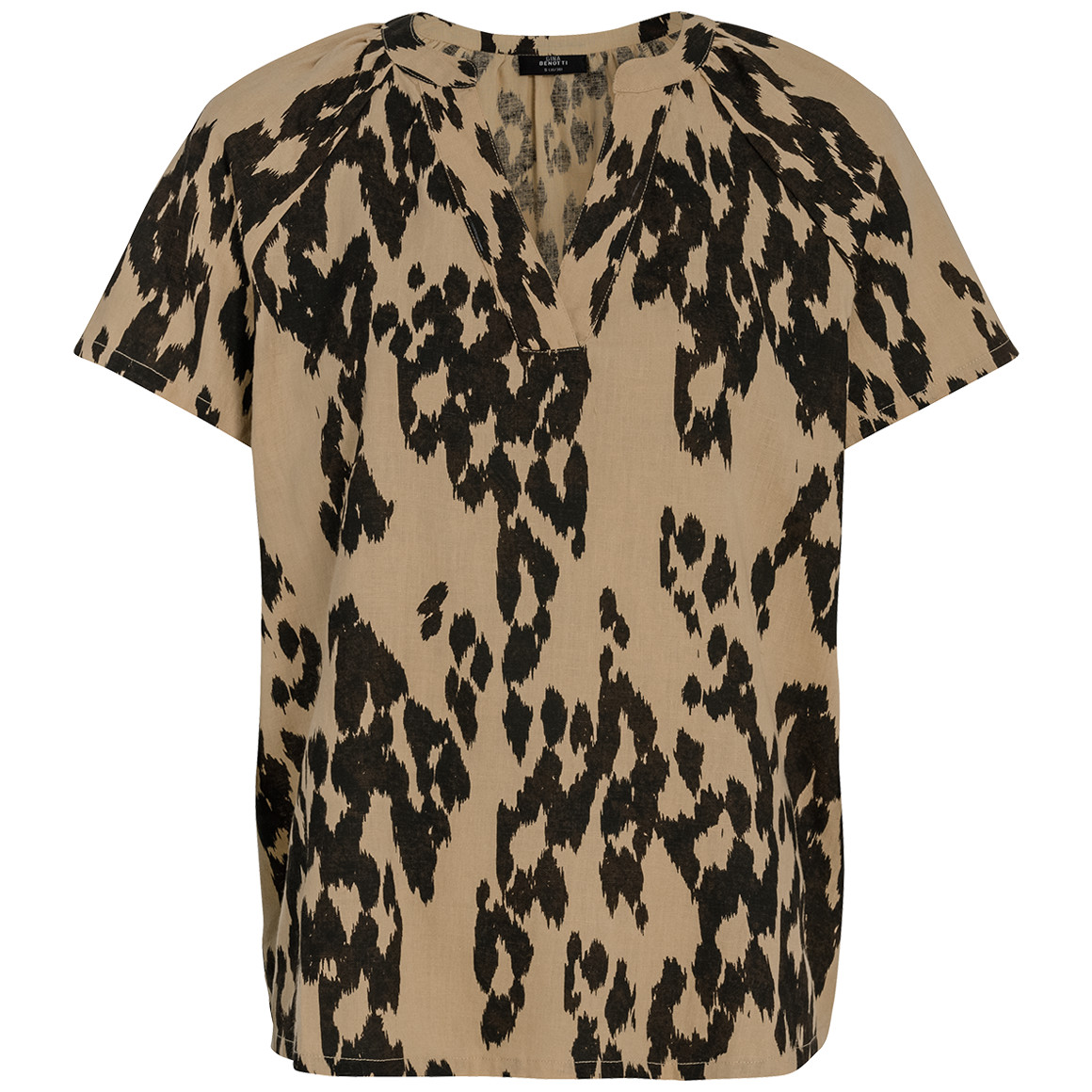 Gina Benotti Damen Leinen-Bluse mit kurzem Stehkragen beige / dunkelbraun