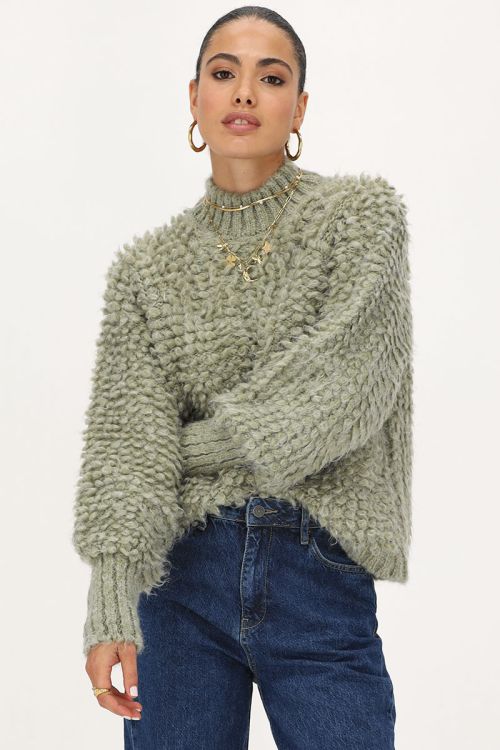 Groene boucle trui met ballonmouwen