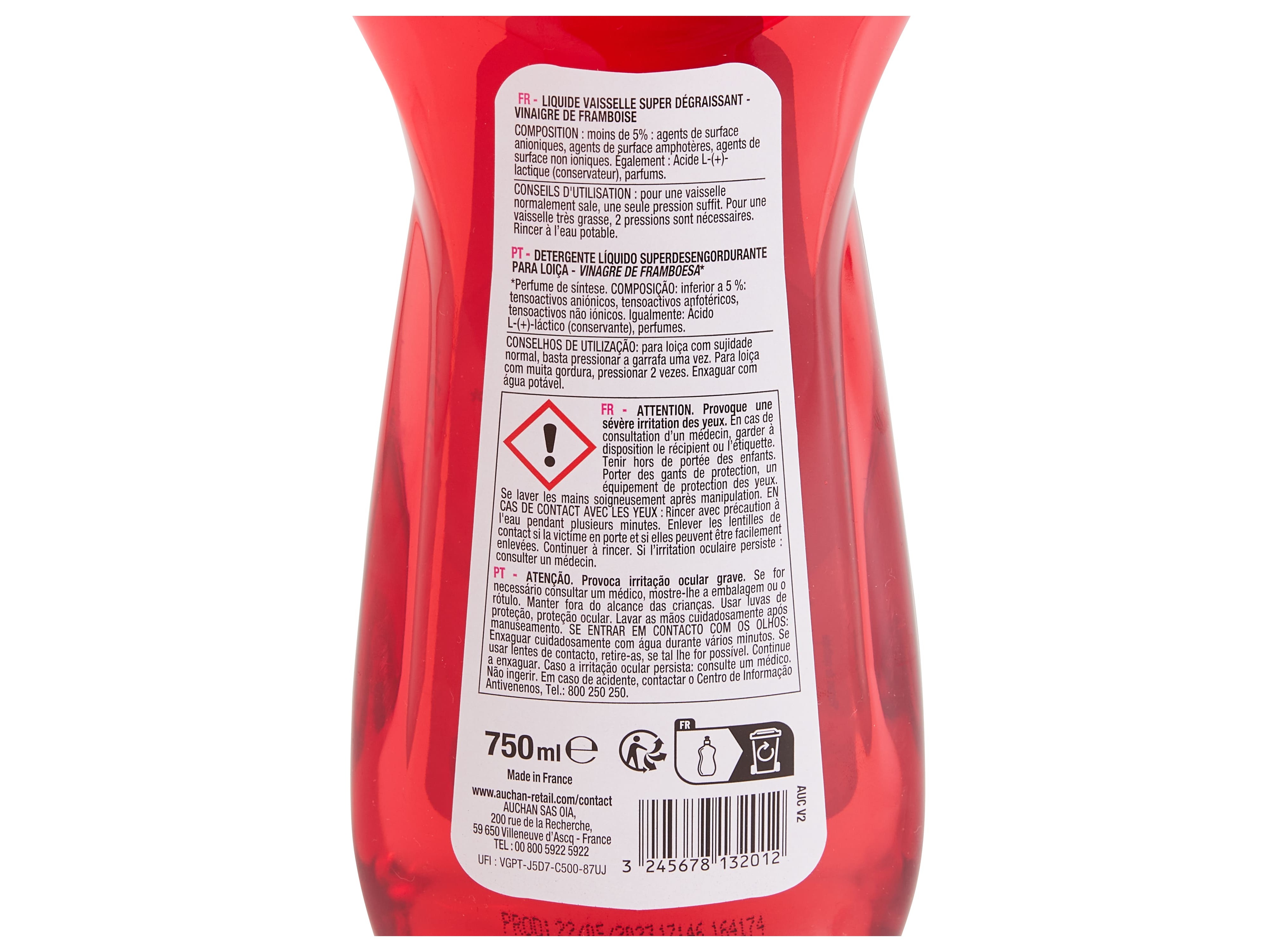 DETERGENTE LOIÇA MANUAL AUCHAN CONCENTRADO FRAMBOESA 750ML