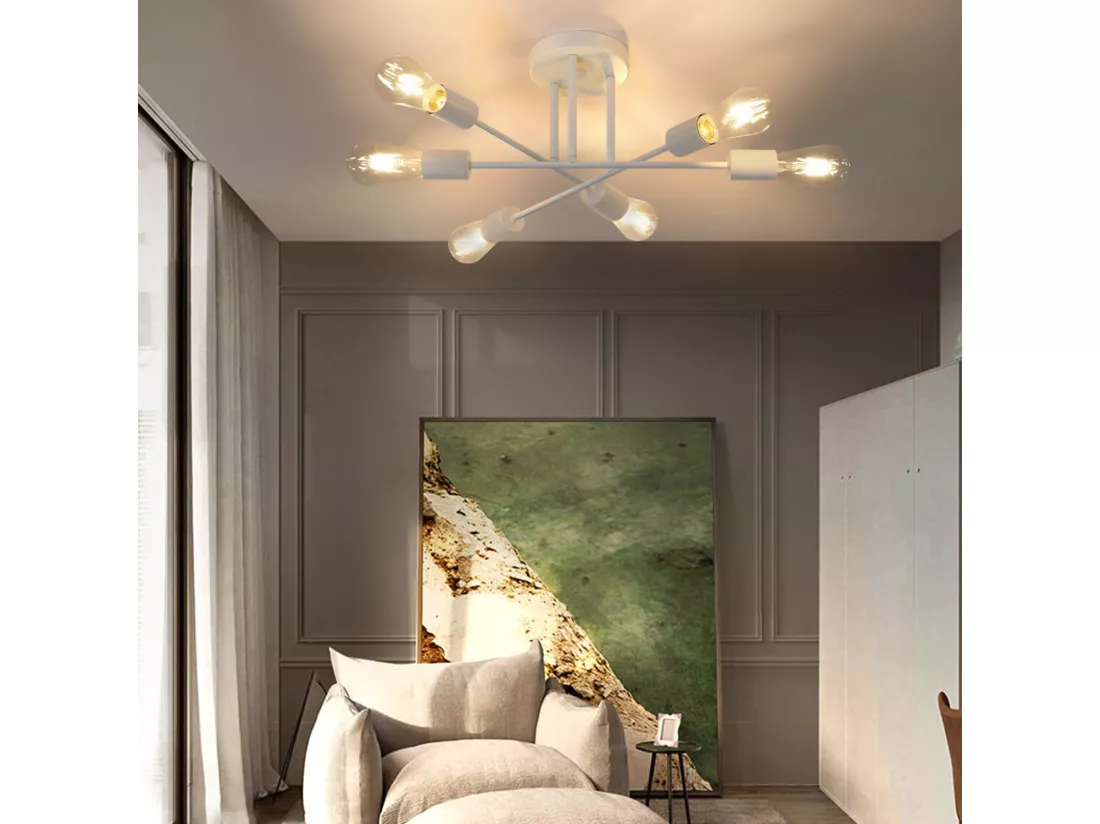 NETTLIFE Plafonnier E27 Lampe Rétro à 6 Lampes Lustre Blanc Luminaire Industriel Rustique Style Éclairage Salon, Max.25W