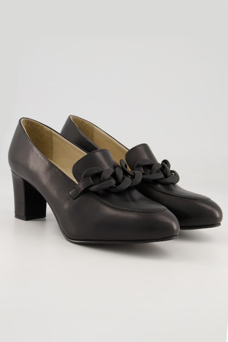 Leder-Pumps, Kette, Blockabsatz