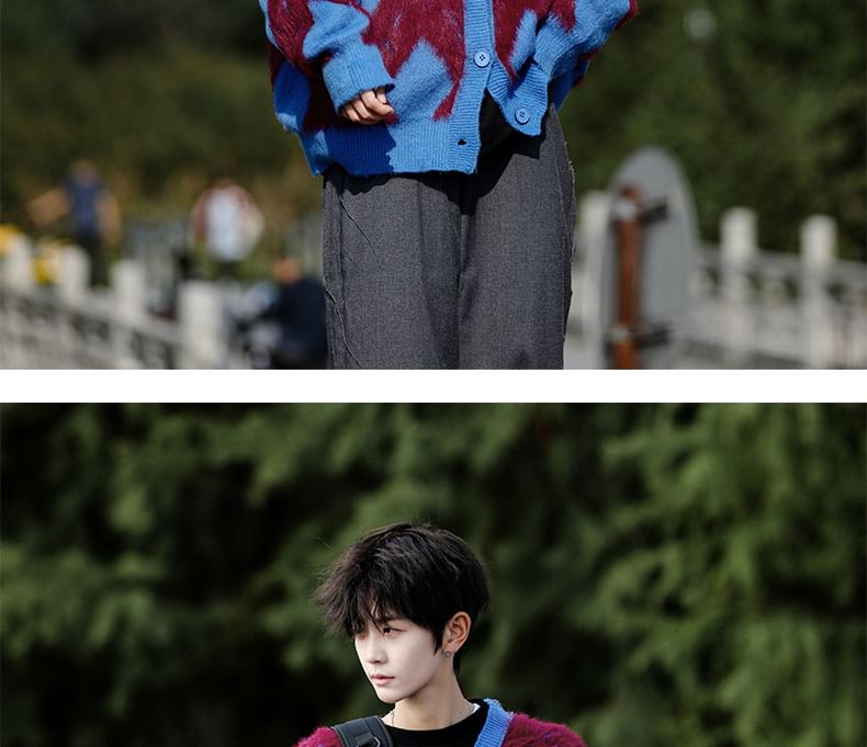 jaywoon - Argyle V-hals oversized pluizige cardigan
