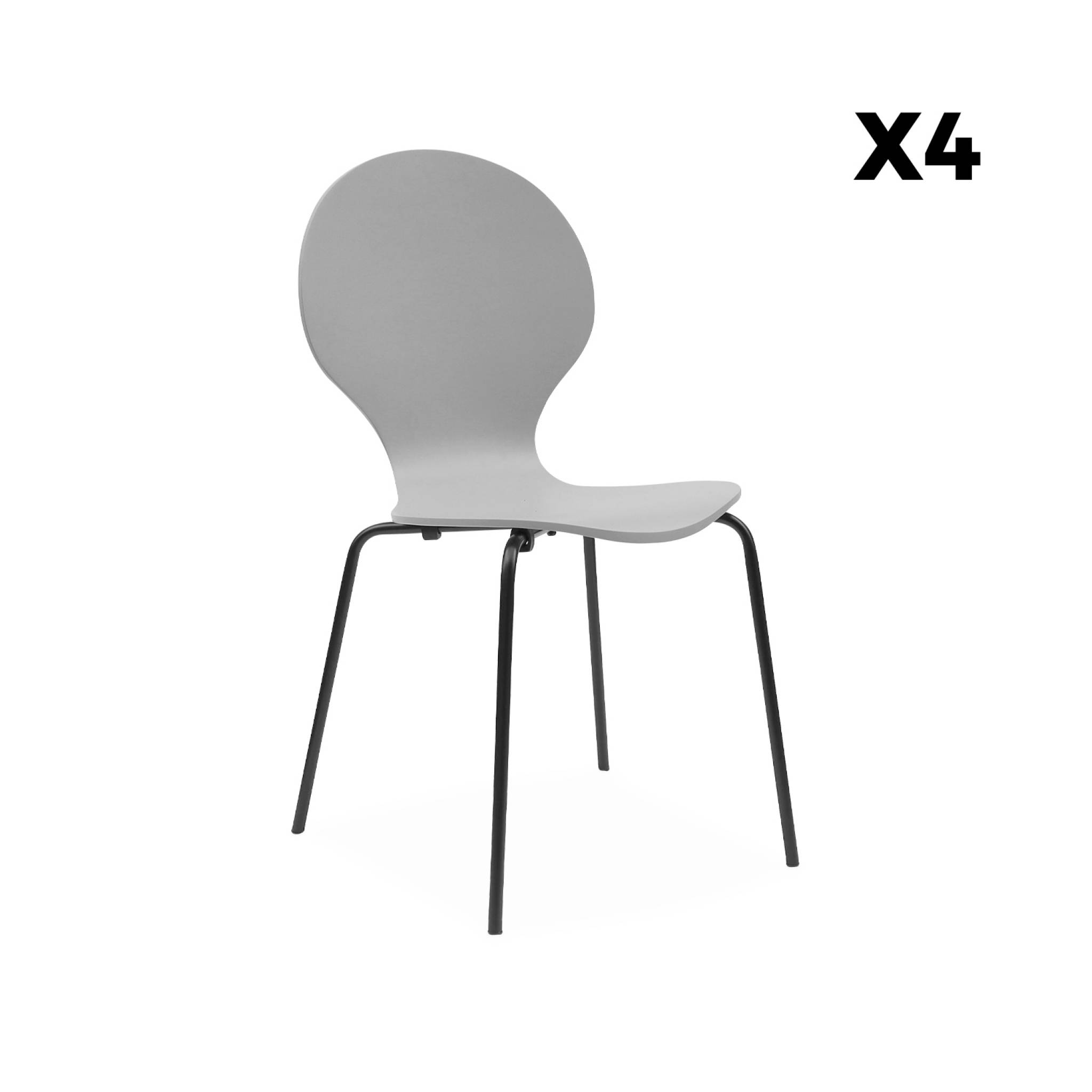 Lot de 4 chaises grises rétro empilables. Bois d'hévéa et contreplaqué. Pieds en acier. Naomi. L 43 x p 48 x h 87cm