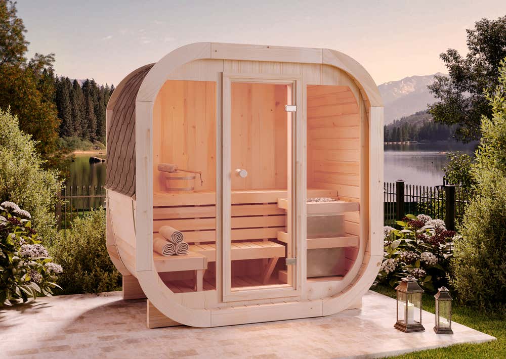 FinnTherm ScandiCube Mini XXS Barrelsauna met 1 houten bank, 42 mm wanddikte, buitensauna met bevestigingsmateriaal, 2 ramen, natuurlijke afwerking, 2,1 x 1,3 m