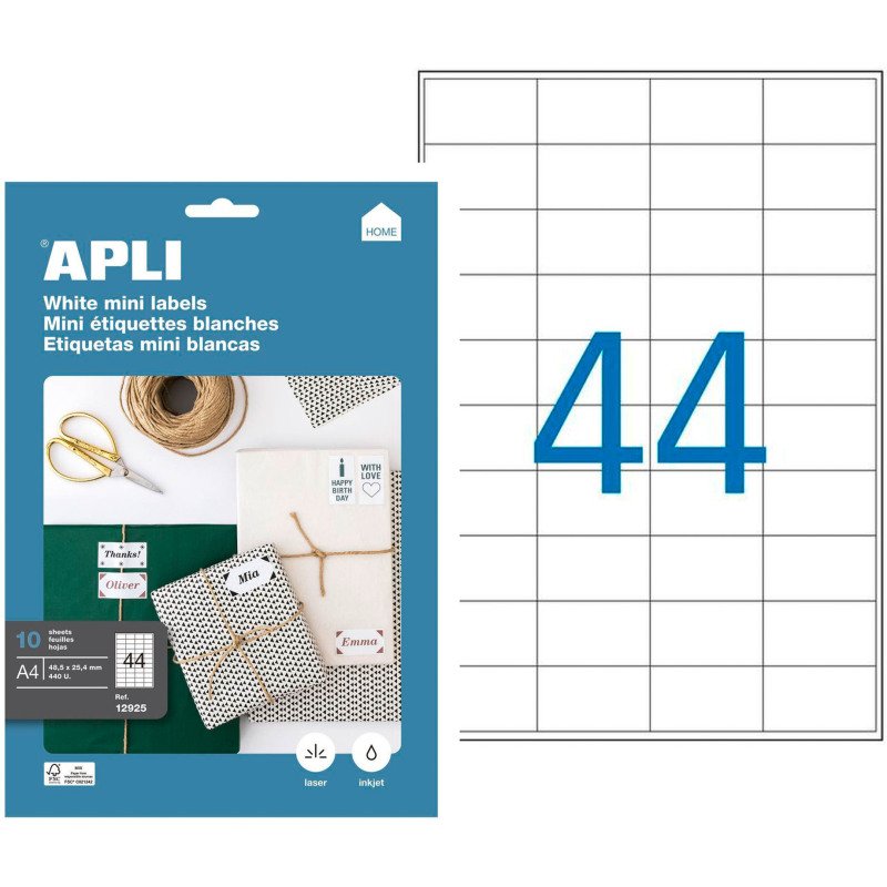 Etiquette adresse jet d'encre, laser et copieur 48,5 x 25,4 mm Apli blanche - Boîte de 440