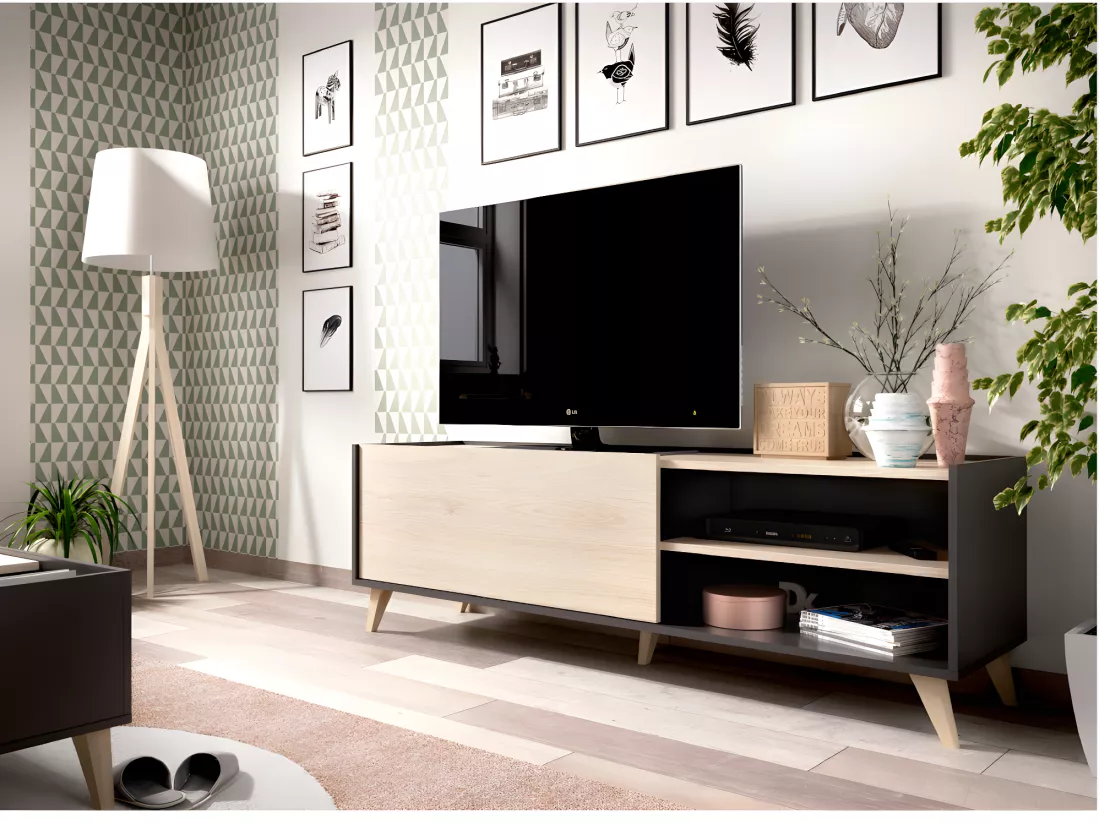 Meuble TV KOLYMA - 1 porte & 2 niches - Coloris : Chêne & Anthracite