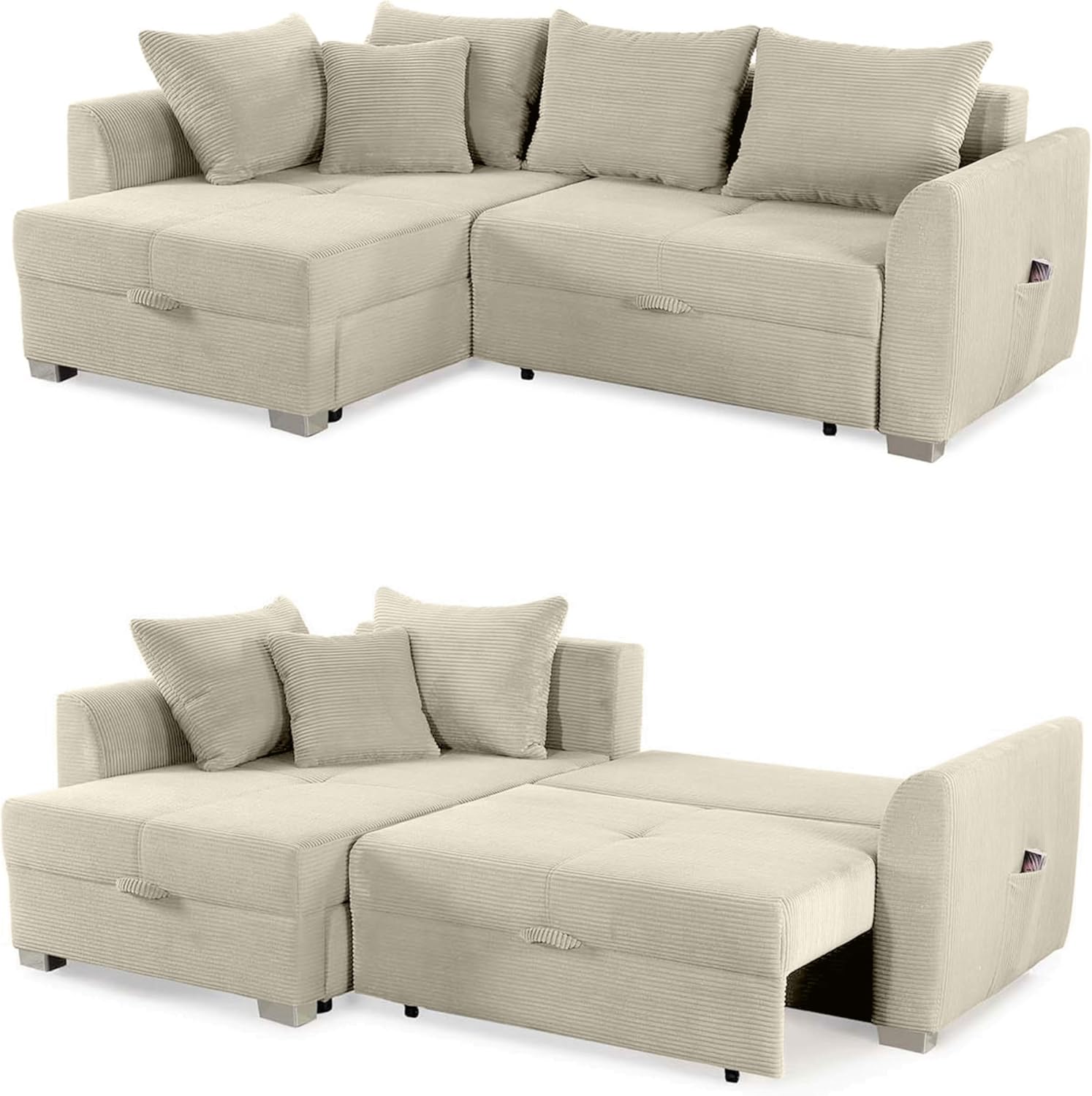 Cord Ecksofa B236/T160/H81 cm mit Schlaffunktion und Bettkasten, Tasche in der Armlehne, L-Couch mit Ottomane ausziehbar, links oder rechts montierbar, Bezug Cordstoff in Beige Grau / 15201