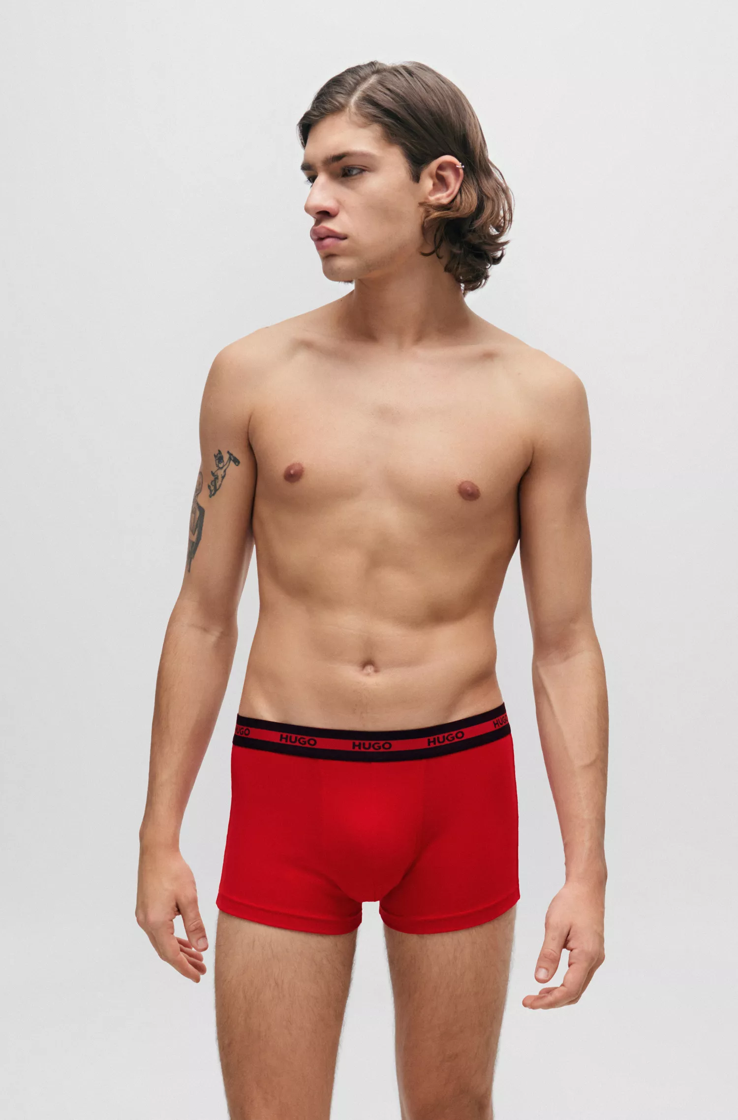 HUGO Vermelho - Pacote com três cuecas boxer de algodão elástico com cós com o logotipo.