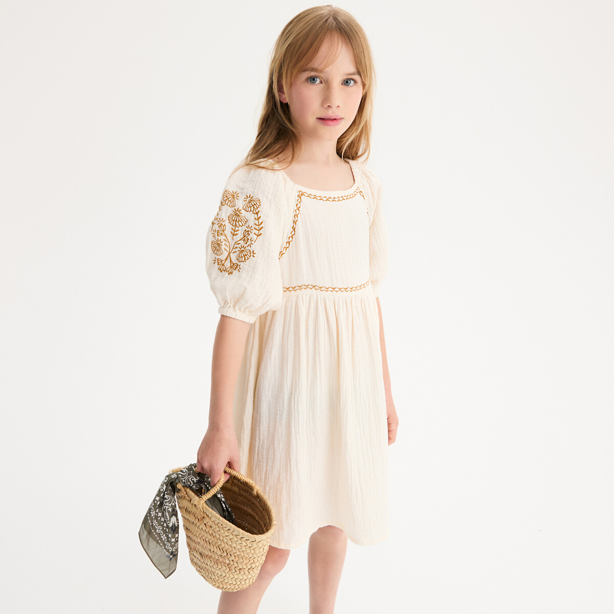 COLEÇÕES LA REDOUTE<br>Vestido bordado com mangas curtas em tetra
