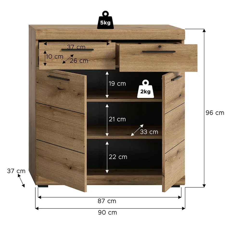 Hioshop Scout schoenenkast 2 laden 2 deuren eik decor