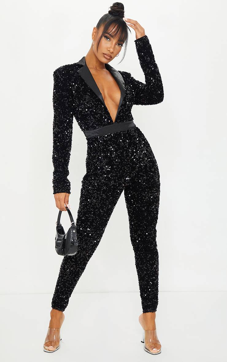 Noir Combinaison Pantalon Ajustée En Velours À Sequins Avec Décolleté Plongeant