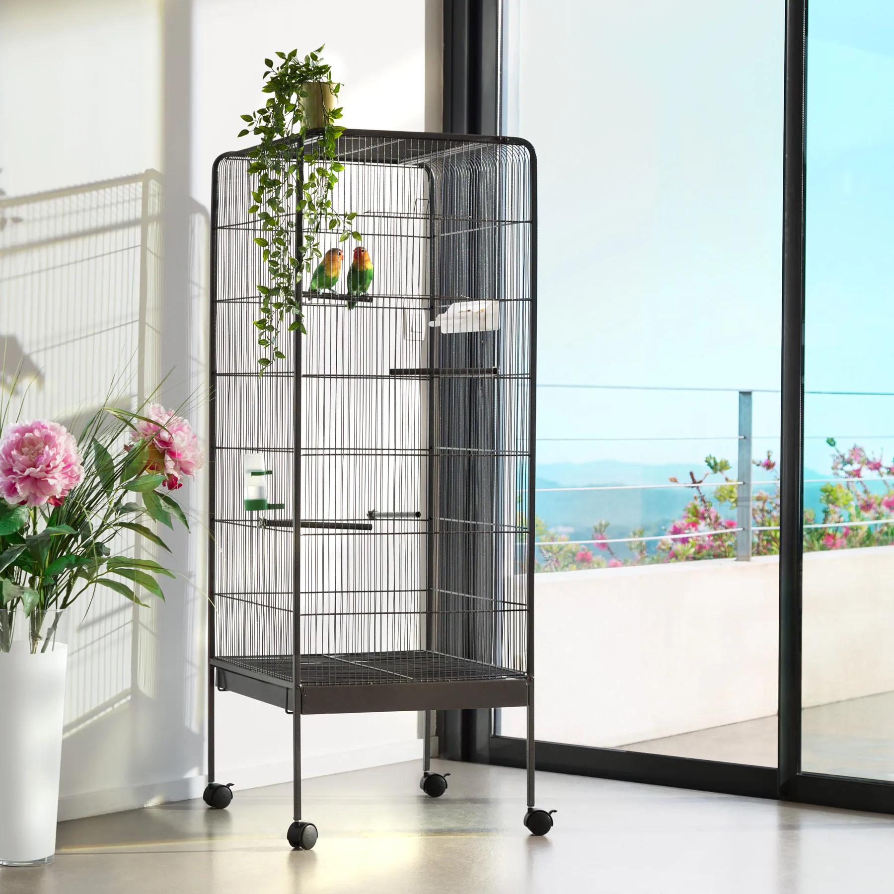 tectake® Vogelkäfig, in Hammerschlagoptik, 2 Schiebeöffnungen und geringer Gitterabstand, 54 x 54 x 114,5 cm