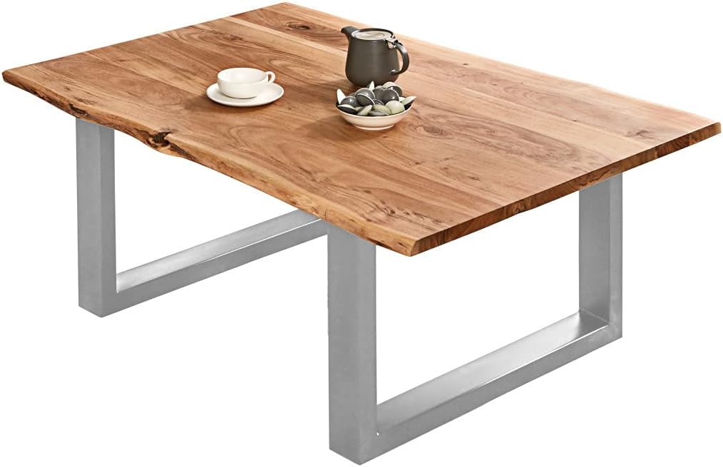 SAM Couchtisch 100 x 70 cm Billy, echte Baumkante, Akazienholz naturfarben, massiver Sofatisch, U-Metallgestell Silber