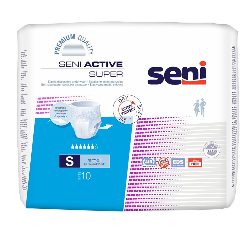 Seni Active Super Pants Einweghosen S atmungsaktiv Hüftumfang 55-85cm 6 Tropfen Btl 10 Stk