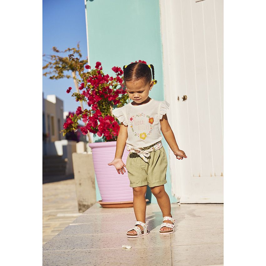 T-shirt manches courtes volantées et print pour bébé fille - Ecru