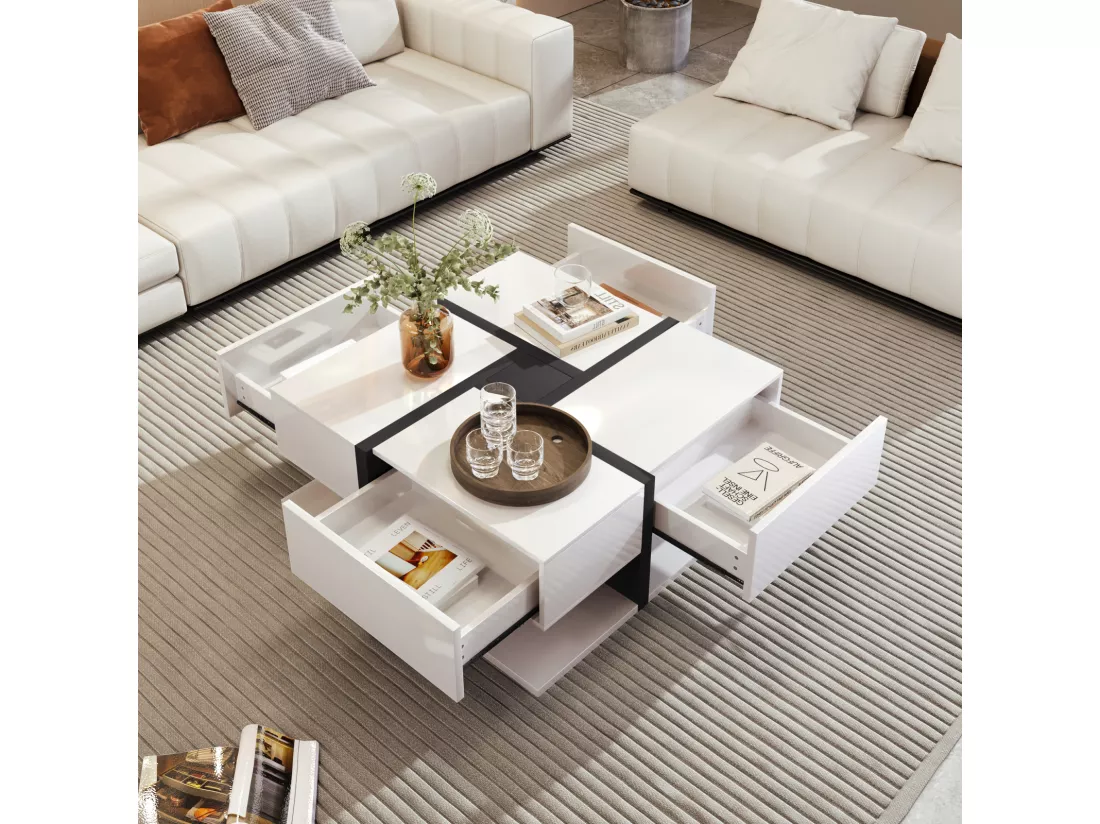 Table basse carrée haute brillance, avec 4 tiroirs, design uniques, espace de rangement en bas, 78x78x36cm blanc