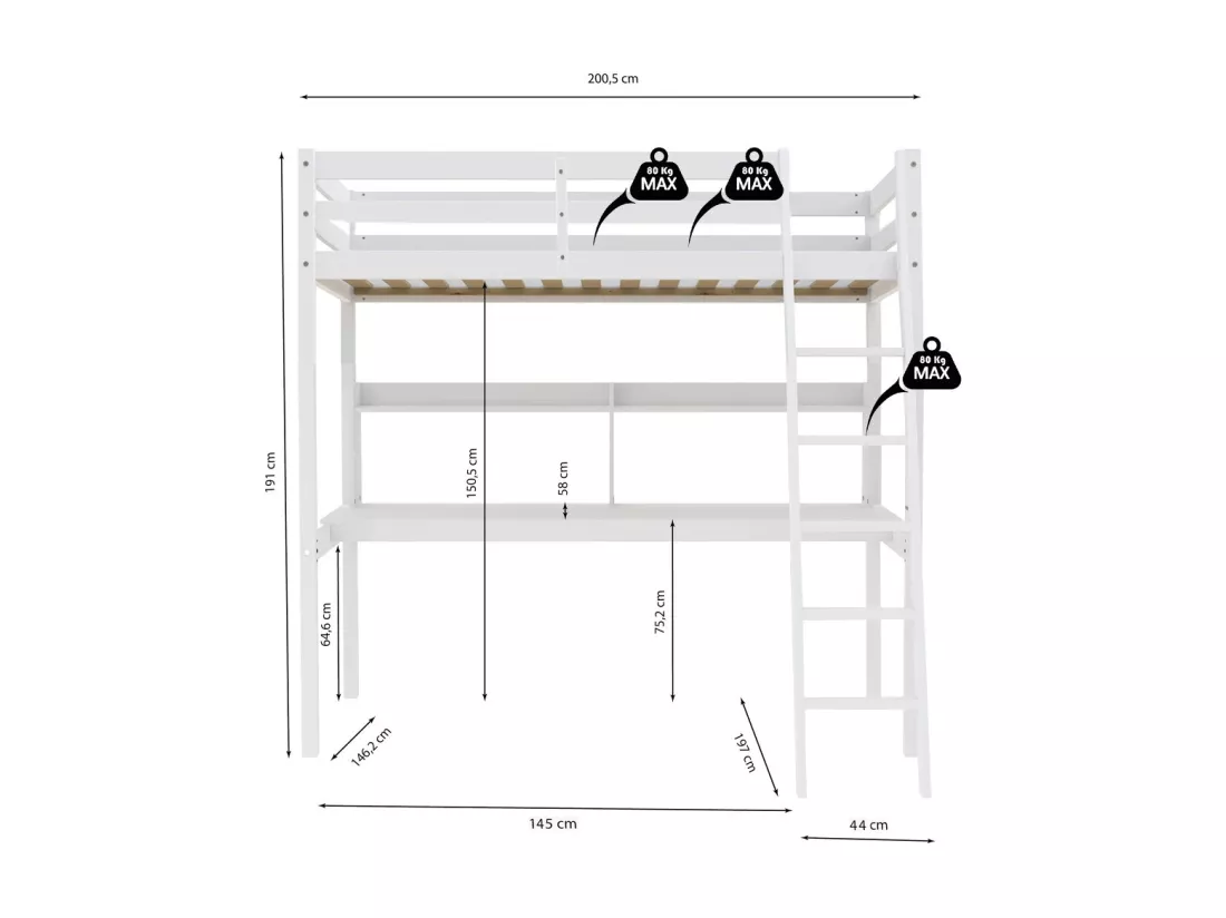Lit mezzanine STUDIO 140x190 + 1 sommier + bureau + étagère / Blanc