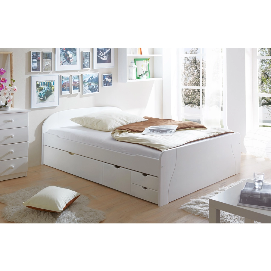 TICAA Doppelbett mit Schubkästen Erna Kiefer Weiß Weiß