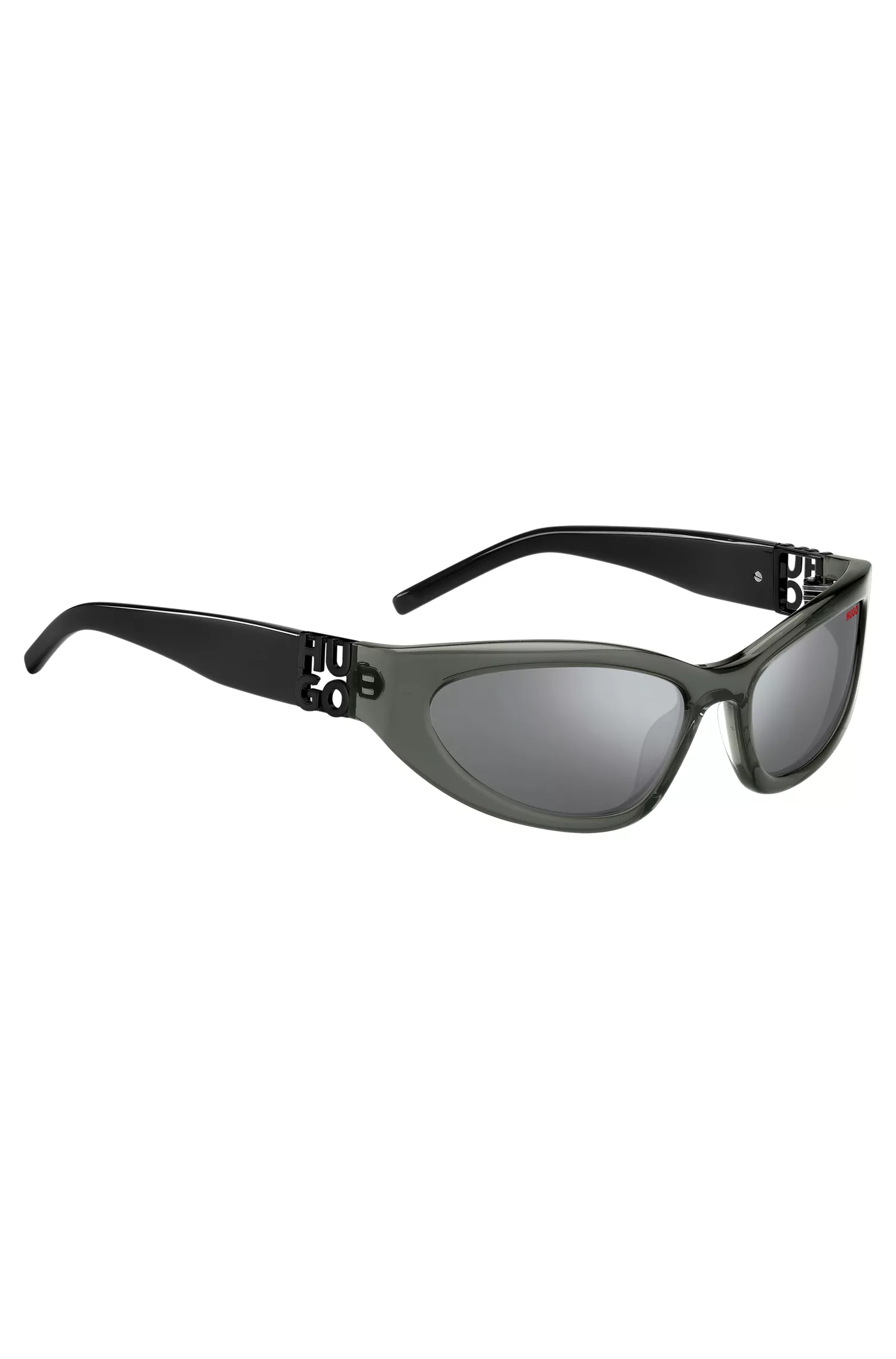 Óculos de sol HUGO em acetato vermelho-cinza com monograma 3D.