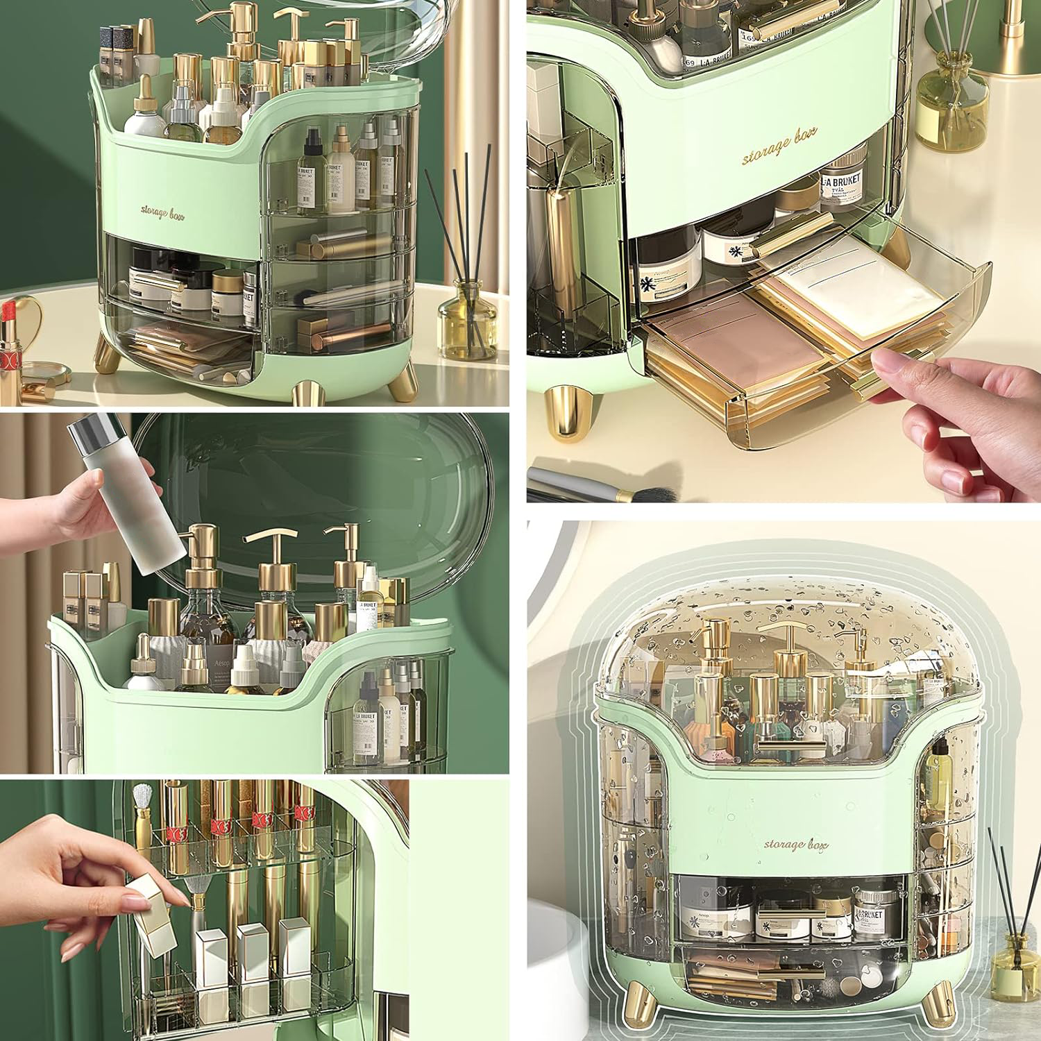 Make Up Organizer Schminktisch Kosmetik Aufbewahrung mit Deckel und Schubladen - Transparent / Grün
