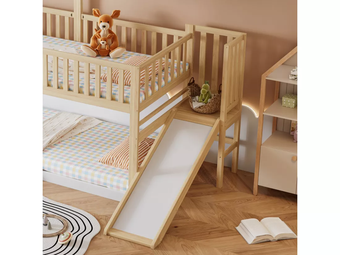 Lits superposés cabane 90 x 200 cm, avec escalier et toboggan, Pin certifié FSC, Blanc et naturel