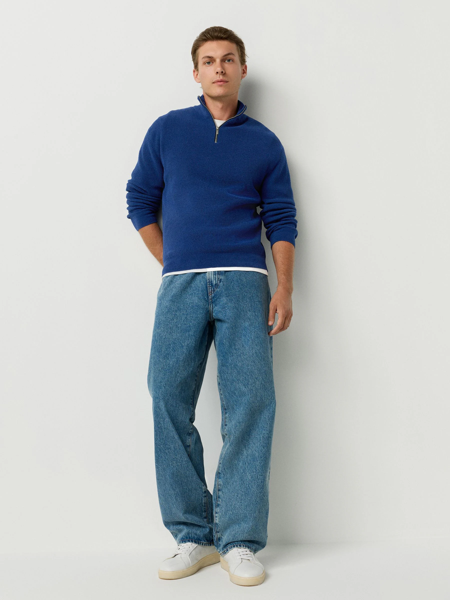 Donkerblauw - Regular fit geribde chenille trui met korte rits