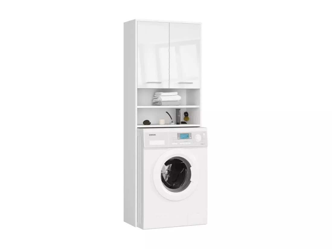 meuble machine a laver 2 portes façade blanc brillant 4 étagères 64x30x180 cm